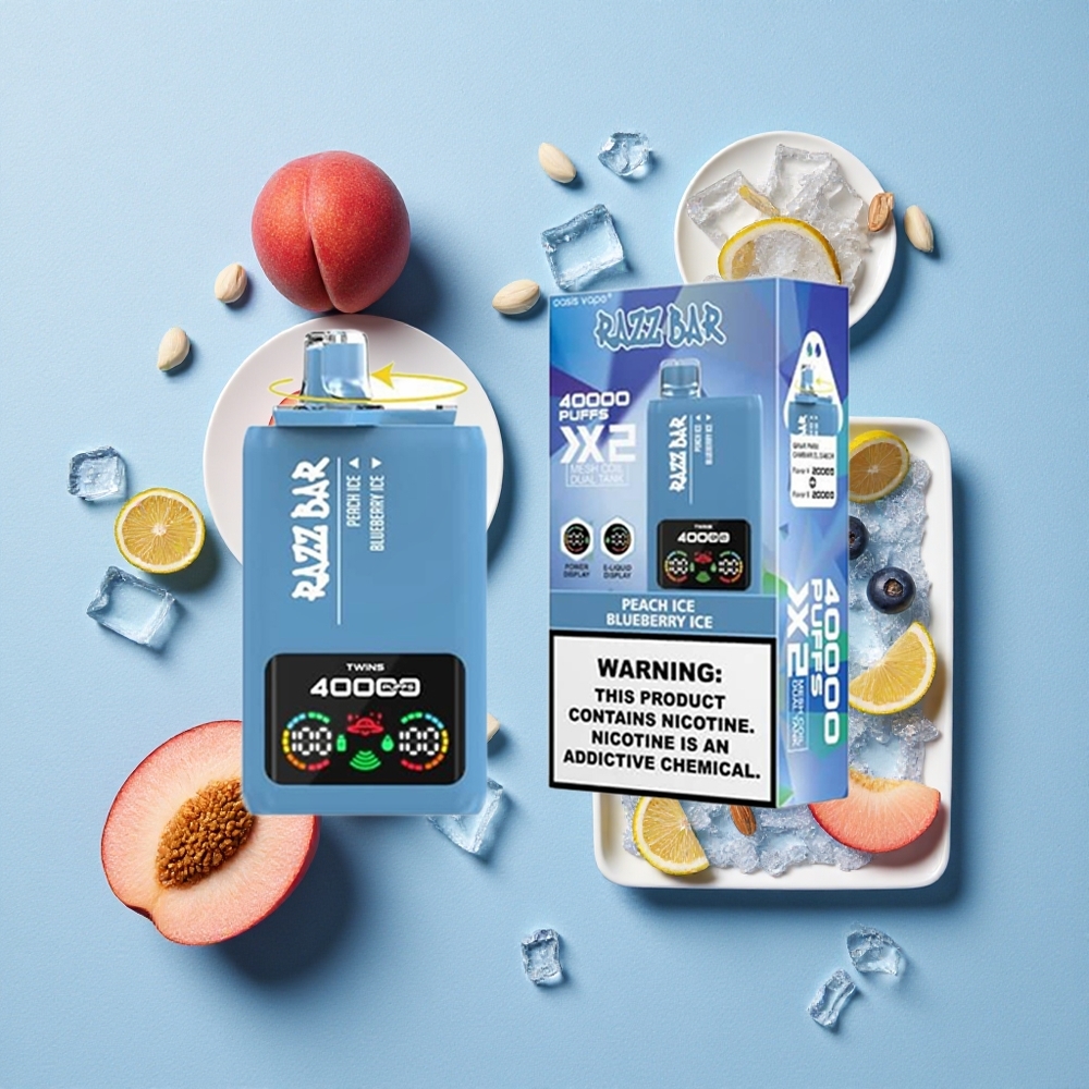 Razz Bar 40000 Bouffées Glace Pêche_Glace Myrtille wholesale Belgique Écran d'Alimentation Batterie 650 Mah