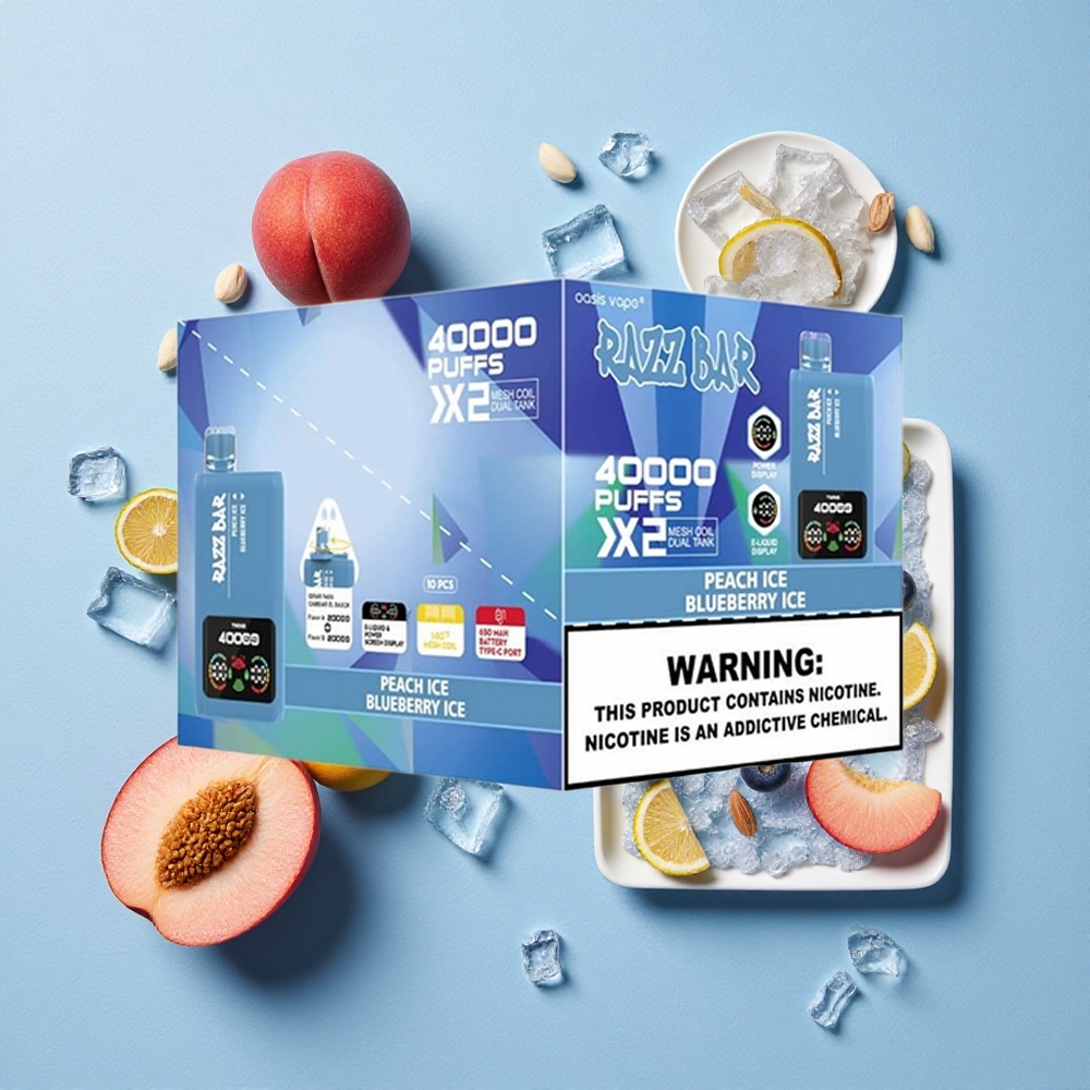 Razz Bar 40000 Bouffées Glace Pêche_Glace Myrtille wholesale Belgique Écran d\'Alimentation Batterie 650 Mah
