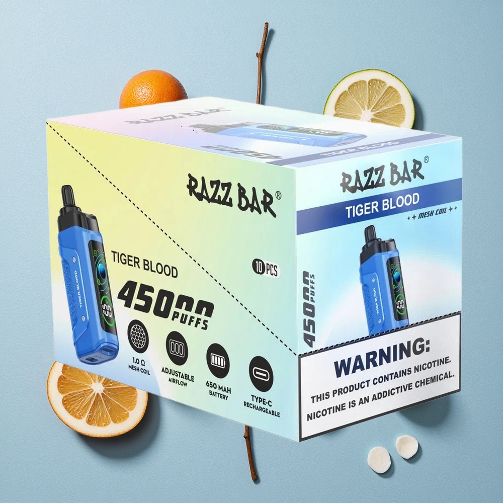 Razz Bar 45000 Bouffées Vape Jetable Sang de Tigre et Framboise wholesale Belgique 650 Mah Battery Type-C Rechargeable